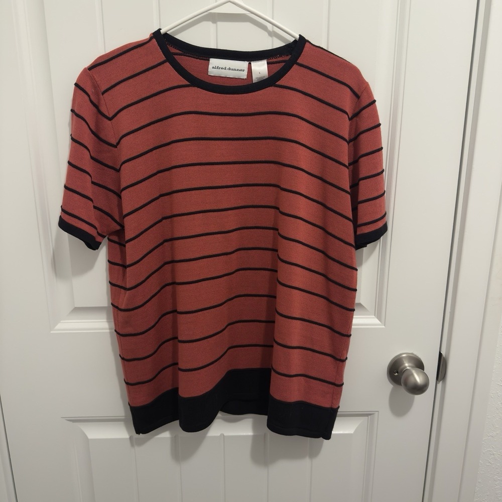 Alfred Dunner Women's Short Sleeve Sweater Deep Coral Black Stripe Size Large